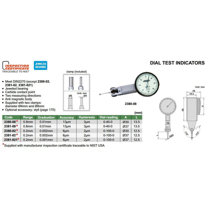 Insize 0 - 0.8mm .01mm Graduation 37mm Face Dial Test Indicator Gauge - Shopena Supply