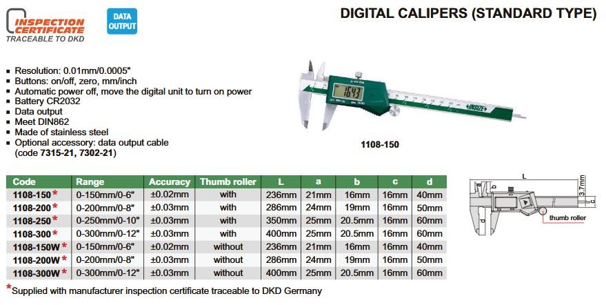 Insize 0 - 12" 0 - 300mm Digital Electronic Caliper With Calibration Certificate - Shopena Supply