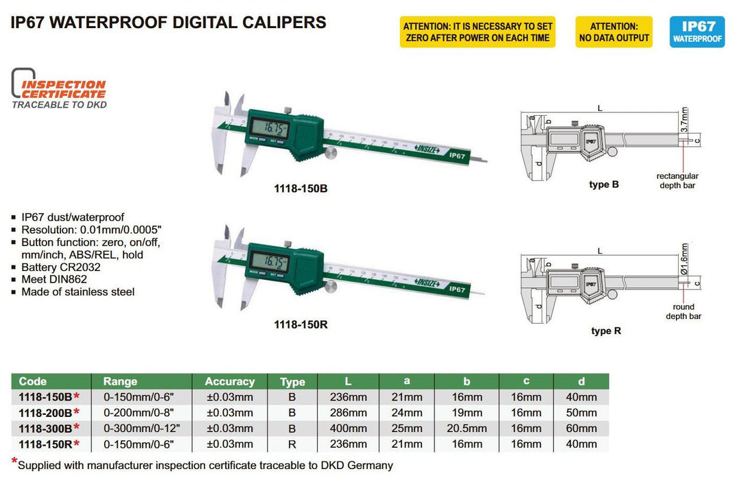 Insize 0 - 12" 0 - 300mm IP67 Waterproof Digital Electronic Caliper - Shopena Supply