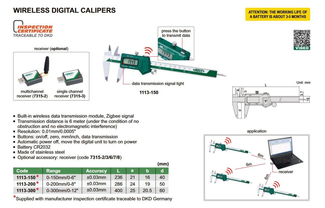 Insize 0 - 8" 0 - 200mm Wireless Digital Electronic Caliper - Shopena Supply