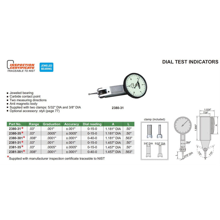 Insize .008" .0001" Graduation 1.181" Face Dial Test Indicator Gauge - Shopena Supply