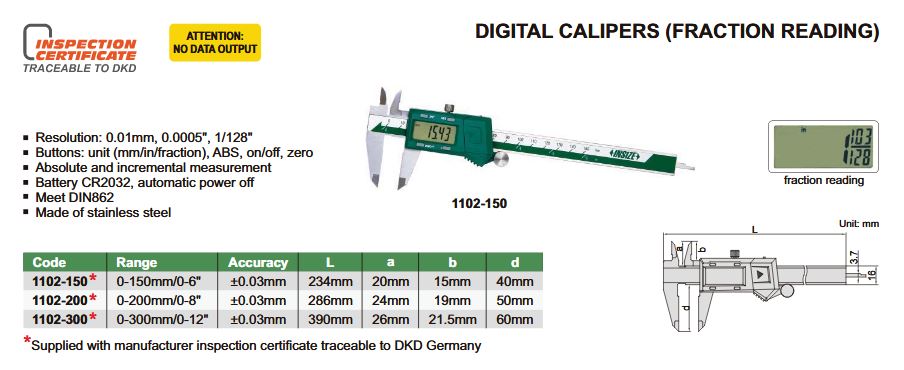 Insize 0-12" 0-300mm Fraction Reading Digital Electronic Caliper