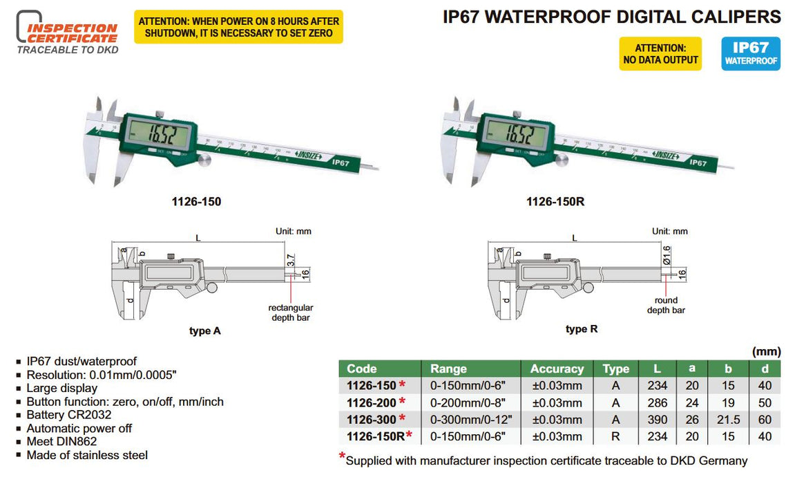 Insize 0-6" 0-150mm IP67 Waterproof Large Display Digital Electronic Caliper With Round Depth Bar