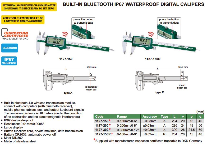 Insize 0-6" 0-150mm IP67 Waterproof Bluetooth Digital Electronic Caliper With Round Depth Bar
