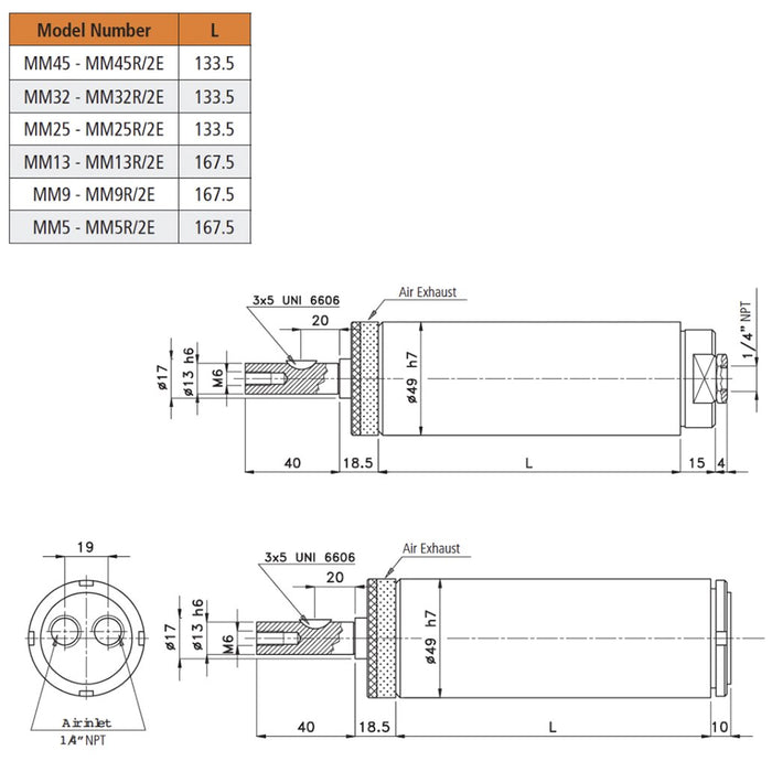 Fiam MM13R/2E 36.3NM/120RPM Smooth Air Motor Output Shaft